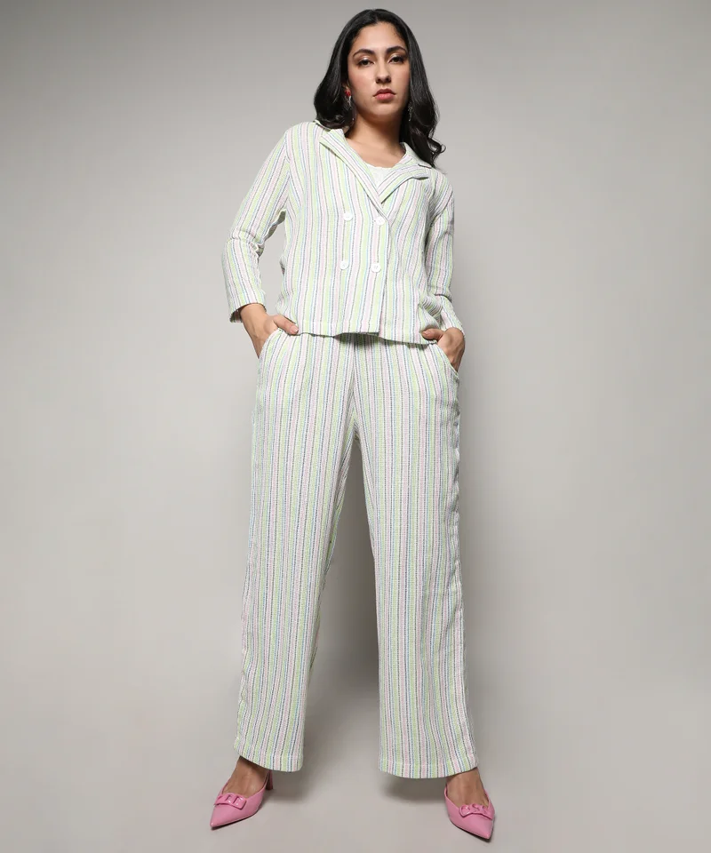 Campus Sutra Women's Lime Green & Baby Pink Unbalanced Striped Double-Breasted Co-Ord Set