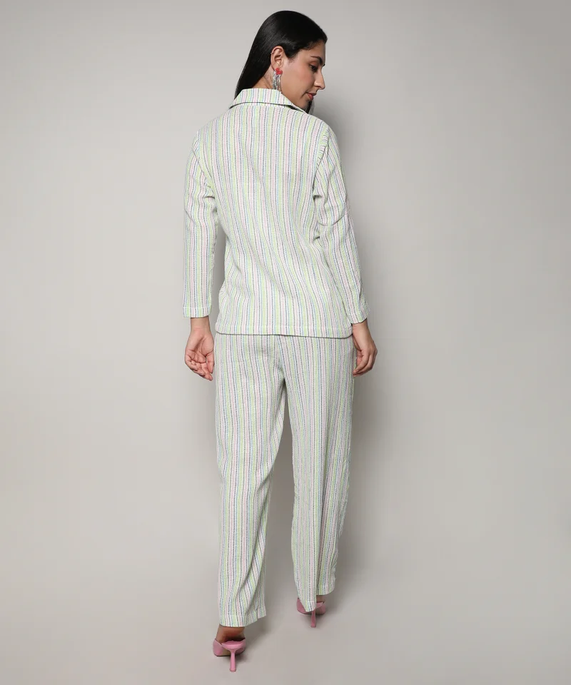Campus Sutra Women's Lime Green & Baby Pink Unbalanced Striped Double-Breasted Co-Ord Set