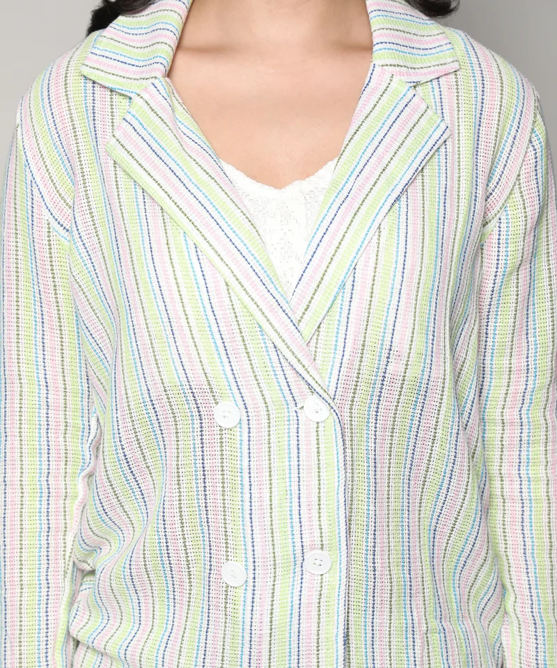 Campus Sutra Women's Lime Green & Baby Pink Unbalanced Striped Double-Breasted Co-Ord Set