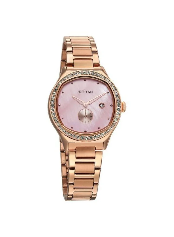 TITAN Glamour Quartz Analog with Date Pink Mother of Pearl Dial Rose Gold Stainless Steel Strap Watch for Women - 95289WM01