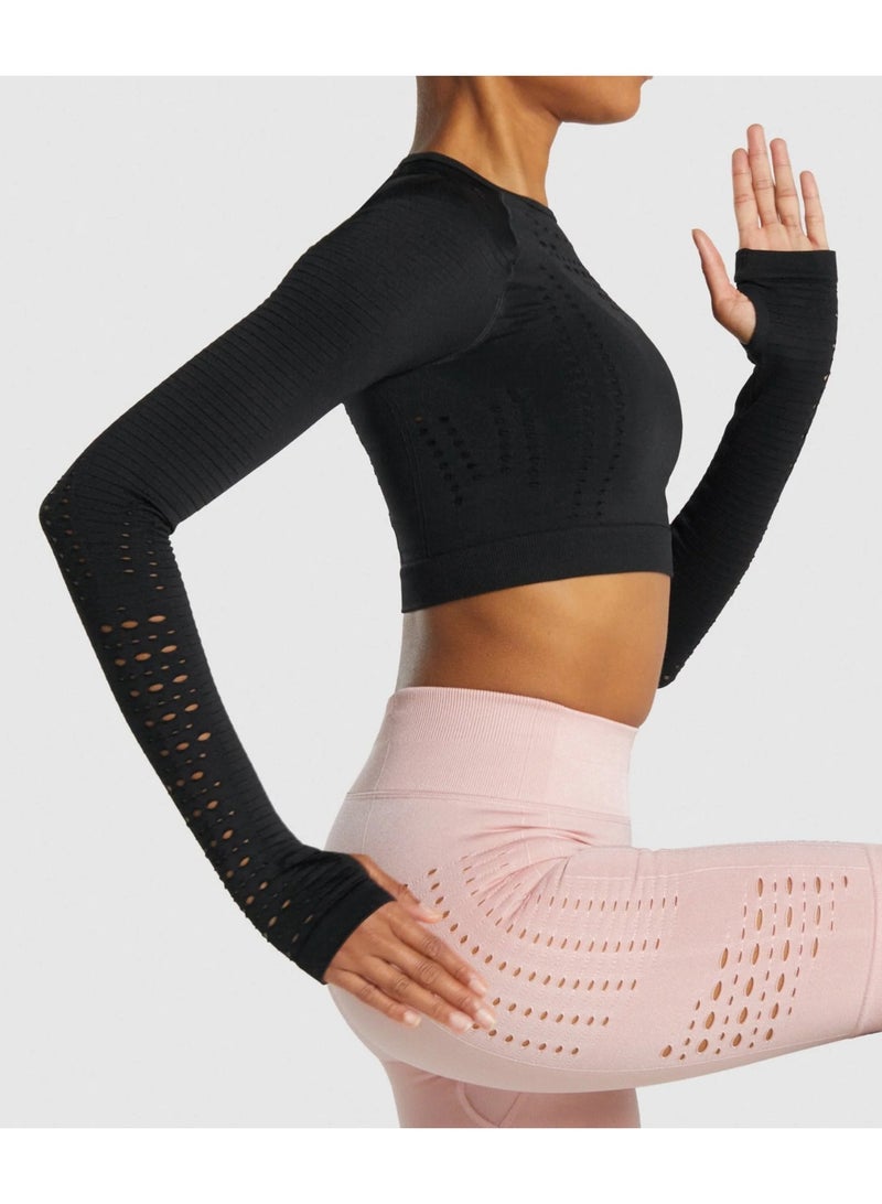 برنيسي تيشيرت قصير بأكمام طويلة من النايلون وياقة دائرية للنساء، مناسب للتمارين الرياضية واليوغا والجري، لون أسود - Image 1