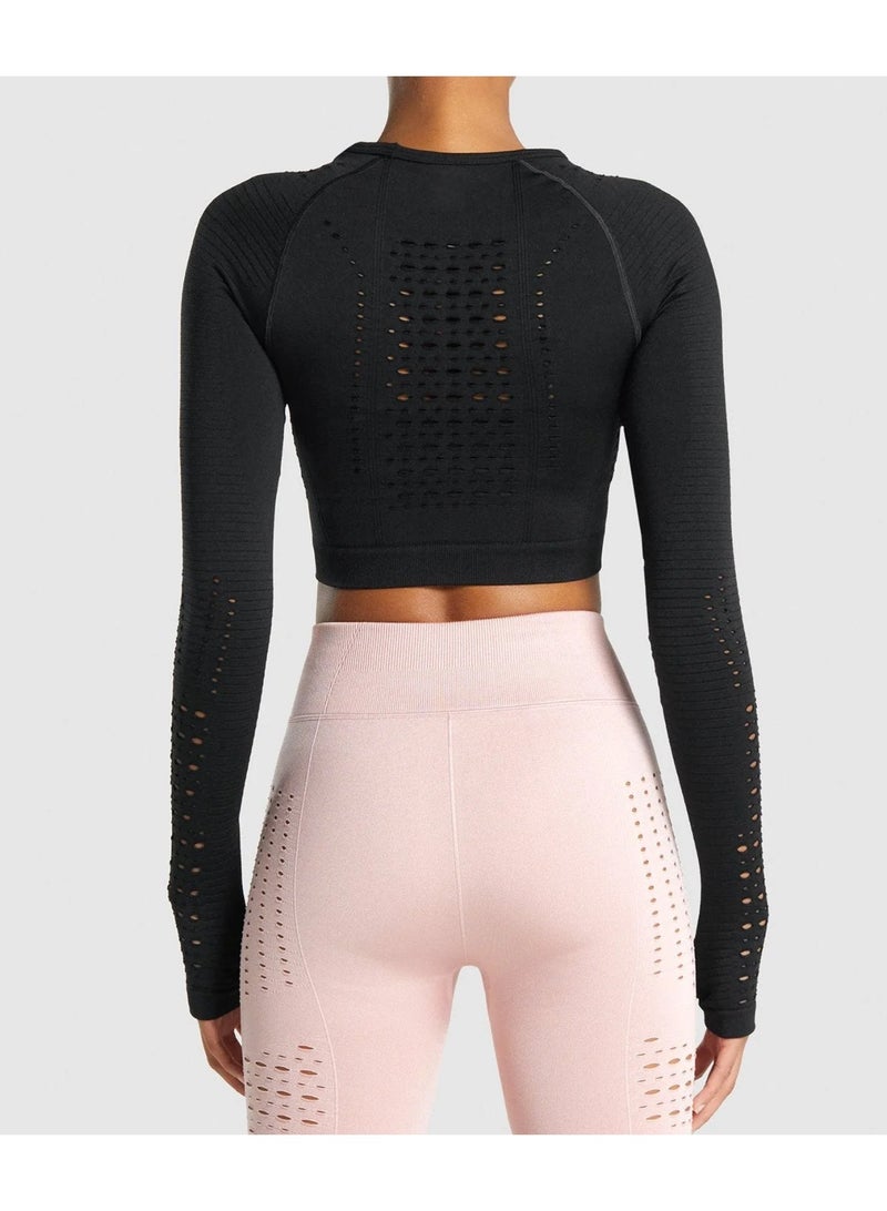 برنيسي تيشيرت قصير بأكمام طويلة من النايلون وياقة دائرية للنساء، مناسب للتمارين الرياضية واليوغا والجري، لون أسود - Image 2