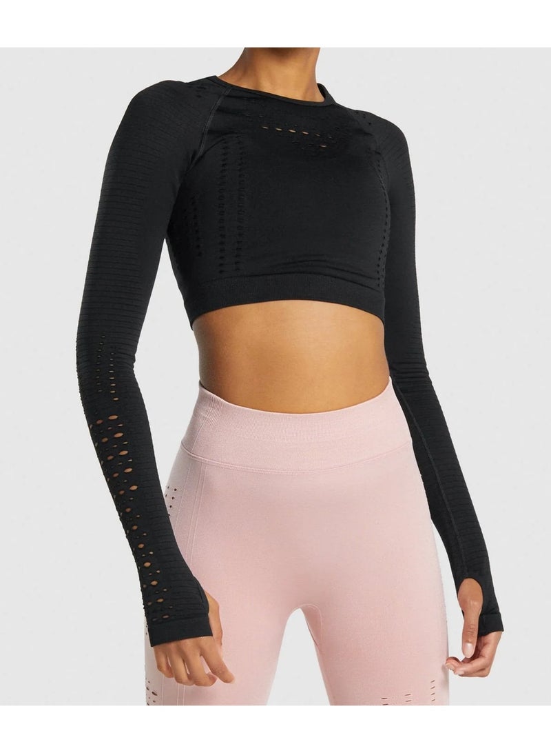 برنيسي تيشيرت قصير بأكمام طويلة من النايلون وياقة دائرية للنساء، مناسب للتمارين الرياضية واليوغا والجري، لون أسود - Image 3