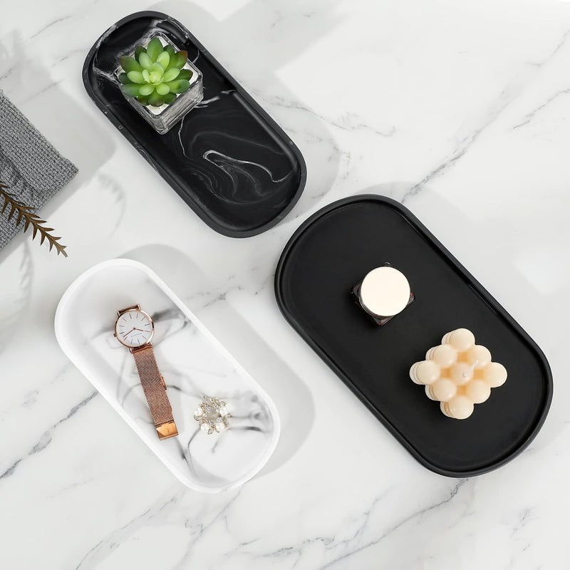 Luxspire Bathroom Vanity Tray, Toilet Tank Oval Storage Tray, Resin Handmade Bathroom Bathtub Kitchen Dresser Countertop Organizer for Soap Shampoo Candles Towel Plant Jewelry Ring Dish - White Marble - Image 4
