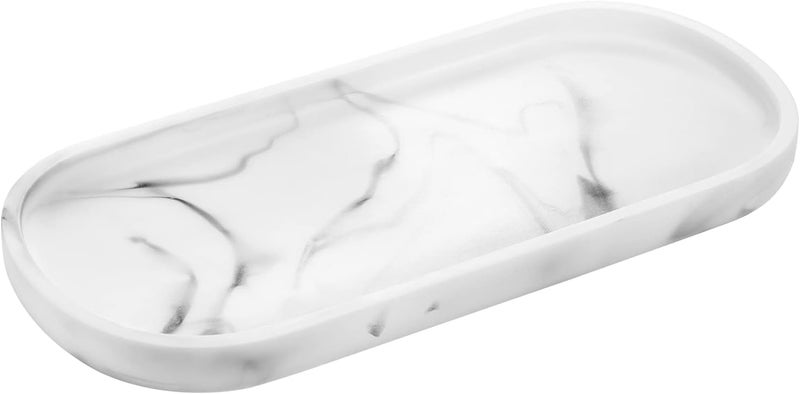 Luxspire Bathroom Vanity Tray, Toilet Tank Oval Storage Tray, Resin Handmade Bathroom Bathtub Kitchen Dresser Countertop Organizer for Soap Shampoo Candles Towel Plant Jewelry Ring Dish - White Marble - Image 1