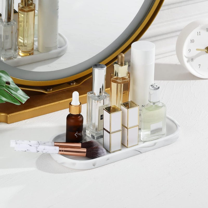 Luxspire Bathroom Vanity Tray, Toilet Tank Oval Storage Tray, Resin Handmade Bathroom Bathtub Kitchen Dresser Countertop Organizer for Soap Shampoo Candles Towel Plant Jewelry Ring Dish - White Marble - Image 3