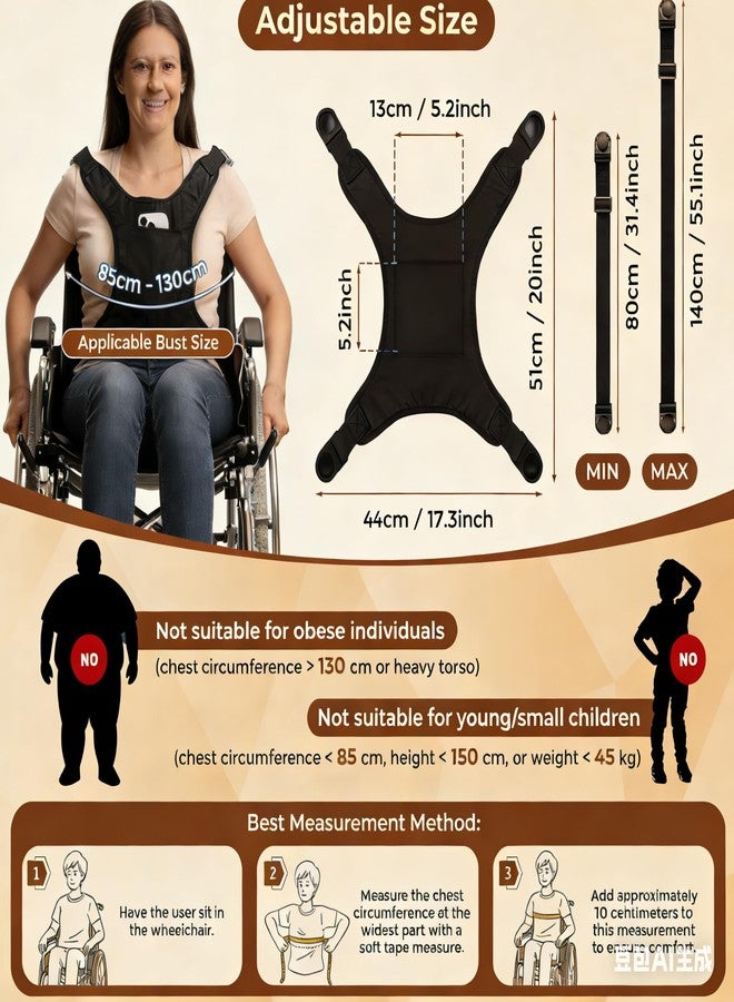 SOFFRIA Wheelchair Seat Belt for Adults Chest Harness Safety Strap Restraints for Elderly & Disabled Torso Support with Adjustable Anti-Slip Restraint Vest Black - Image 2