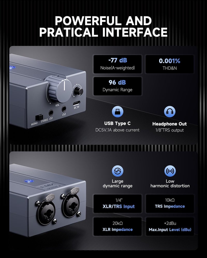 Donner EM2 Headphone Amplifier DC 5V-1A, 3.5mm Rechargeable Portable in-Ear Monitor Amplifier with 8Ω to 250Ω Impedance, with 2 XLR and 1/4" TRS Inputs - Image 4
