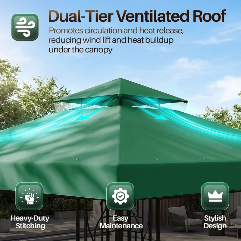 Flexzion 8x8 Gazebo Canopy Replacement Top Waterproof Cover - Outdoor Gazebo Canopy Cover - Double Tier UV30 Cover for Canopies, Garden, Patio, Yard Tent (Green) - Image 5
