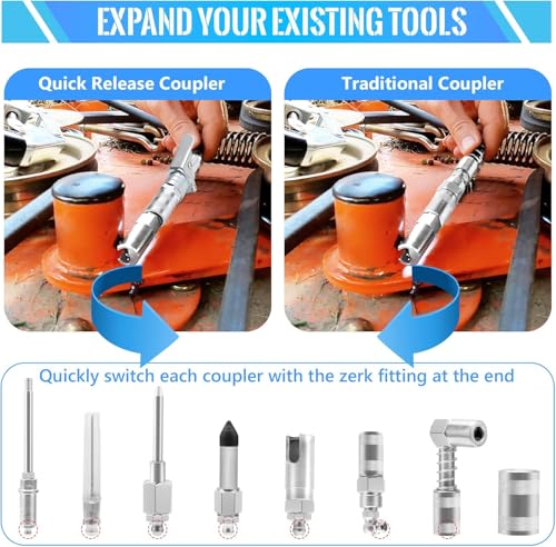 PONEYA 9 PCS Grease Gun Couplers, Quick Connect Greasing Accessory Kit with Grease Gun Tips 12" Flex Hose & Roll Up Case, Perfect for Quick Release Grease Couplers to Reach Any Grease Fitting - Image 4