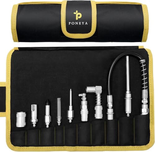 PONEYA 9 PCS Grease Gun Couplers, Quick Connect Greasing Accessory Kit with Grease Gun Tips 12" Flex Hose & Roll Up Case, Perfect for Quick Release Grease Couplers to Reach Any Grease Fitting - Image 1