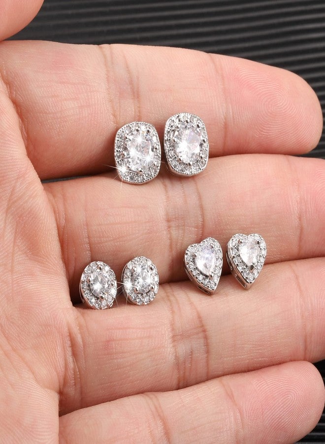 أليكس كرافت أقراط ALEXCRAFT من الفضة الإسترلينية بتصميم هالة للنساء، مرصعة بالزركونيا المكعبة، بتصميم دائري على شكل قلب ومربع على شكل ماس، طقم أقراط فضية كبيرة للرجال، 3 أزواج - Image 5