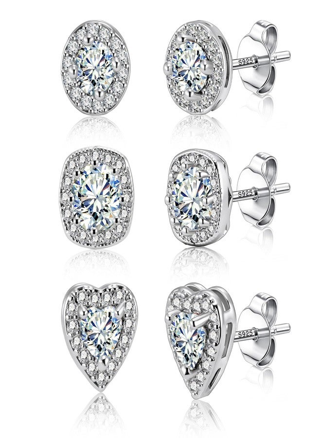 أليكس كرافت أقراط ALEXCRAFT من الفضة الإسترلينية بتصميم هالة للنساء، مرصعة بالزركونيا المكعبة، بتصميم دائري على شكل قلب ومربع على شكل ماس، طقم أقراط فضية كبيرة للرجال، 3 أزواج - Image 1