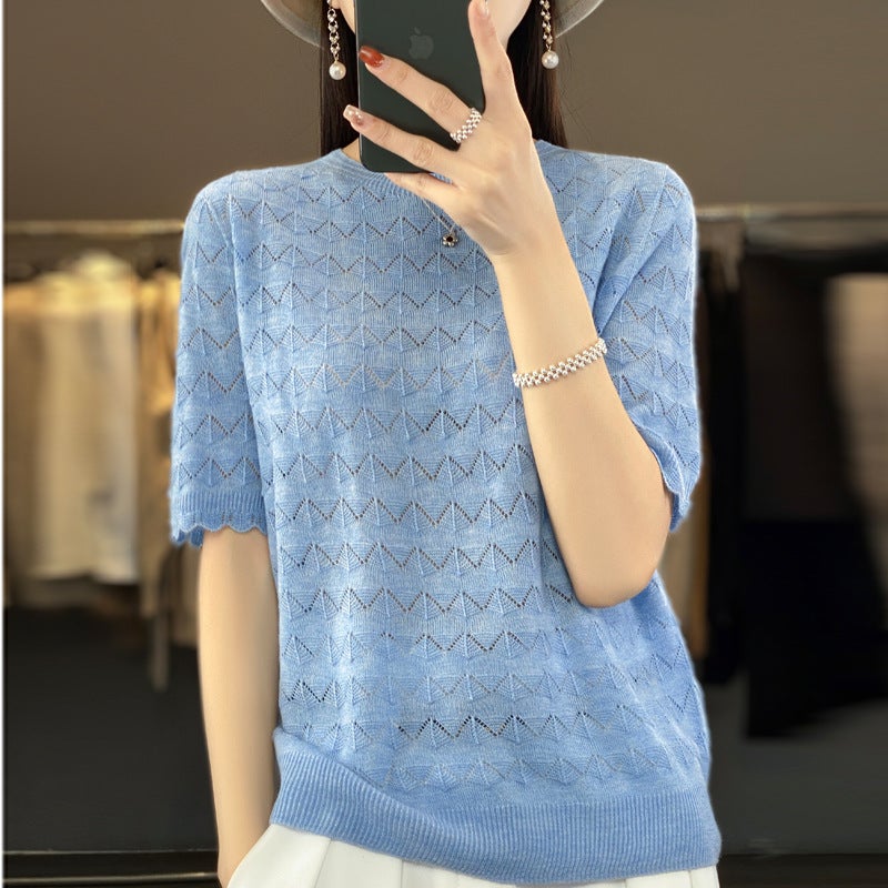 Z-Line Ready-To-Wear Fine Wool Short-Sleeve T-Shirt For Women, New Summer Style, Round Neck, Hollow-Out, Thin Top, Stylish Base Shirt - Image 1