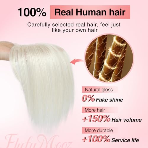 Flufymooz Real Human Hair Toppers for women 10 Inch Clip in Bangs 100 Human Hair Toppers for Thinning Hair Cover Hairpiece with 150 Density Silk BaseWhite Blonde - Image 3