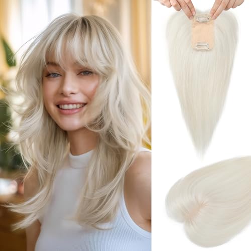 Flufymooz Real Human Hair Toppers for women 10 Inch Clip in Bangs 100 Human Hair Toppers for Thinning Hair Cover Hairpiece with 150 Density Silk BaseWhite Blonde - Image 1