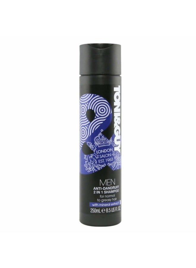 Toni & Guy Men Anti Dandruff 2 in 1 Shampoo, Cleanses Greasy Hair and Soothes Itchy Scalp, 250ml - Image 1