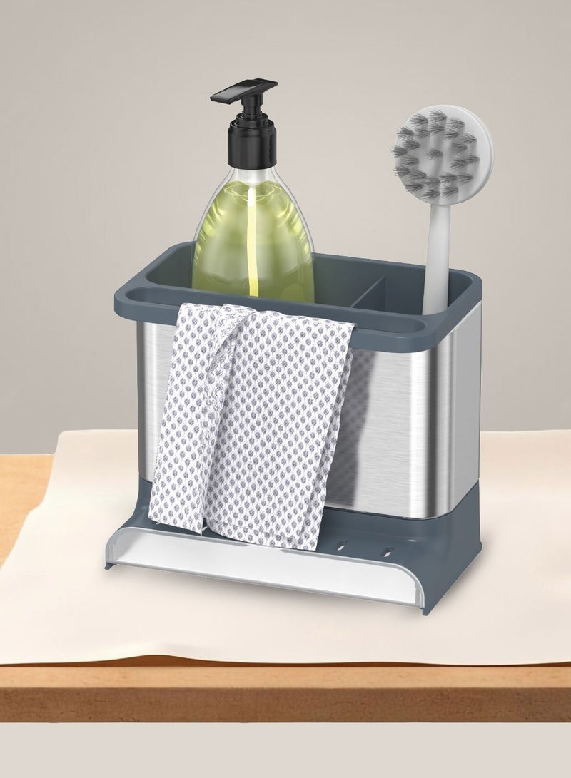 زيمتا حامل حوض المطبخ، منظم ملحقات الحمام للتخزين، حامل الصابون، حامل الإسفنج، حامل فرشاة الأسنان، ملحقات المرحاض - 18 × 11.4 × 15.4 سم - فضي / رمادي - Image 2