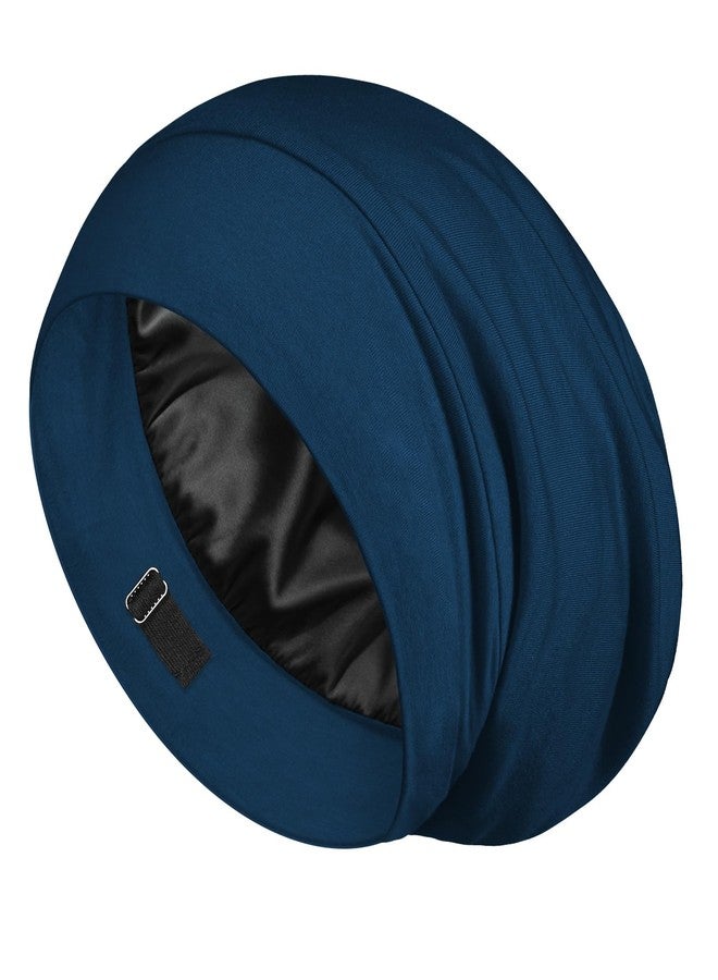 LULUSILK Mulberry Silk Lined Sleep Cap, No More Frizzy Tangled Hair, Stay On All Night Silk Hair Wrap for Sleeping with Adjustable Strap, Silk Bonnet for Women and Men, Bijou Blue, Pack of 1 - Image 1