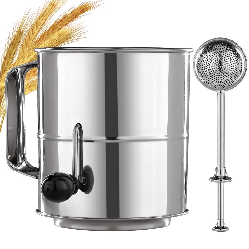 PIQUEBAR Flour Sifter  5 Cup Fine Mesh Hand Crank Sifter Stainless Steel with Agitator Wire Loop for Baking Powdered Sugar Duster Set