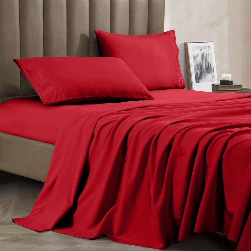 CELINE LINEN Premium 1800 Hotel Quality WrinkleResistant 4Piece Microfiber Sheet Set Luxury Ultra Soft and Breathable Bedding 16 Inch Deep Pocket 4PC Sheet Set King Red