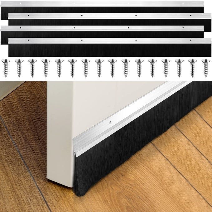 25 X 393 INCH BRUSH DOOR SWEEP PP HAIR ALUMINUM ALLOY SWEEP SEAL SLIDING DOOR BRUSH SEAL STRIP EASY MOUNTING THRESHOLDS SWEEP FOR REPLACEMENT4 PCS