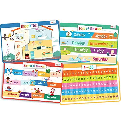 merka merka Kids Placemat 4 Pack Toddler Educational Placemats 17x11 in for Dining Table Features Days of The Week Numbers 1100 Months Opposites Silicone Reusable Wipeable Mats