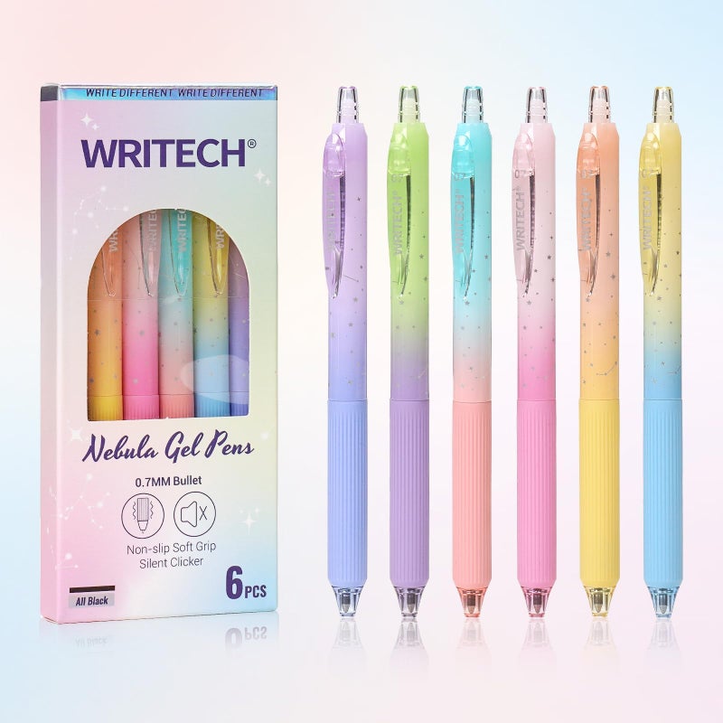 WRITECH Gel Pens Fine Point 07mm Black Ink Retractable 6ct Smooth Writing with Aesthetic Gradient Color Barrel for Journaling Note Taking Silent Click No Smear Nebula Pen Set