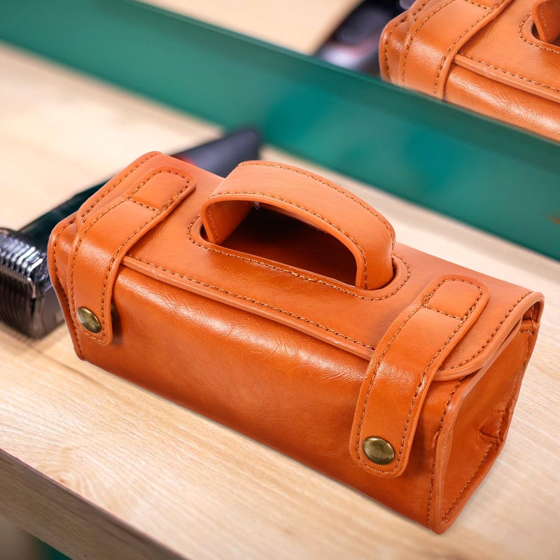Large Capacity Brown Pu Leather Travel Toiletry Organizer Razor Storage Bag Shaver Protector Sleeve - Image 5