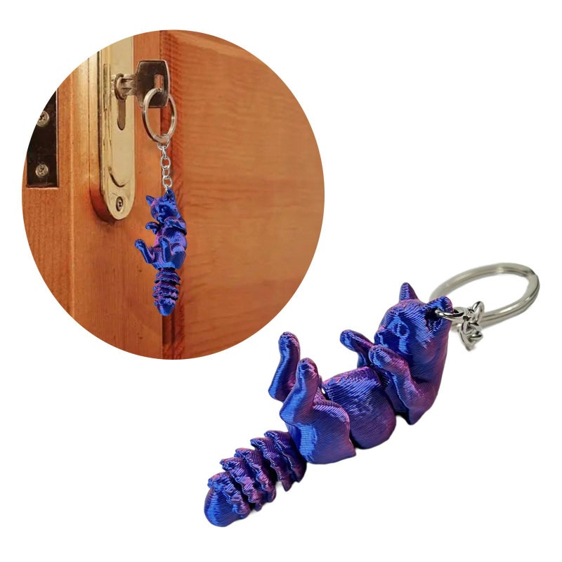 Blue Green Articulated Cat Keychain 3D Printed Flexible Animal Keyring - Image 3