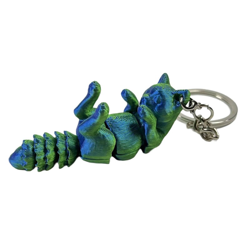 Blue Green Articulated Cat Keychain 3D Printed Flexible Animal Keyring - Image 2