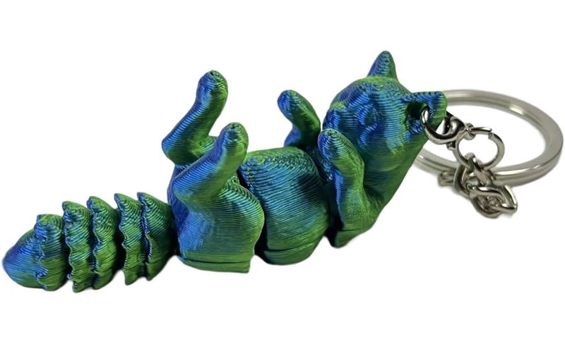 Blue Green Articulated Cat Keychain 3D Printed Flexible Animal Keyring - Image 1