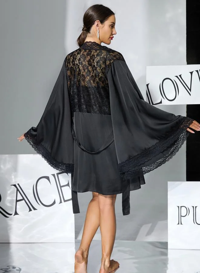 Take Two  Black Lace Patchwork Slip and Robe Set for Women | Best Price UAE