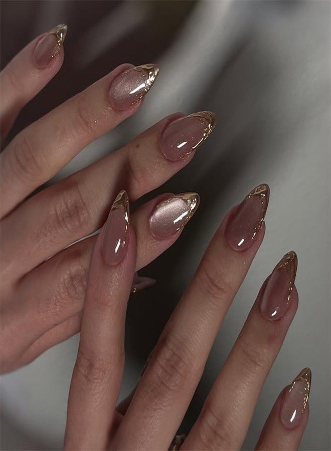 ERICO Peach Cat Eye Golden Tip Almond Press On Nails Kit for Women And Girls Fake Nail Extension | Reusable Nail Extension For Women With Glue Tab | Long Lasting Glossy Finish Artificial Nails | Easy to Apply Fake Nails for Salon Look at Home | Stick-On Manicure Kit For Parties, Weddings And Gifts | Trendy Nail Art Set for All Occasions - Image 1
