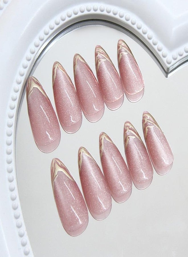 ERICO Peach Cat Eye Golden Tip Almond Press On Nails Kit for Women And Girls Fake Nail Extension | Reusable Nail Extension For Women With Glue Tab | Long Lasting Glossy Finish Artificial Nails | Easy to Apply Fake Nails for Salon Look at Home | Stick-On Manicure Kit For Parties, Weddings And Gifts | Trendy Nail Art Set for All Occasions - Image 3