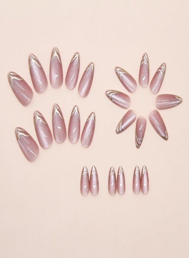 ERICO Peach Cat Eye Golden Tip Almond Press On Nails Kit for Women And Girls Fake Nail Extension | Reusable Nail Extension For Women With Glue Tab | Long Lasting Glossy Finish Artificial Nails | Easy to Apply Fake Nails for Salon Look at Home | Stick-On Manicure Kit For Parties, Weddings And Gifts | Trendy Nail Art Set for All Occasions - Image 4