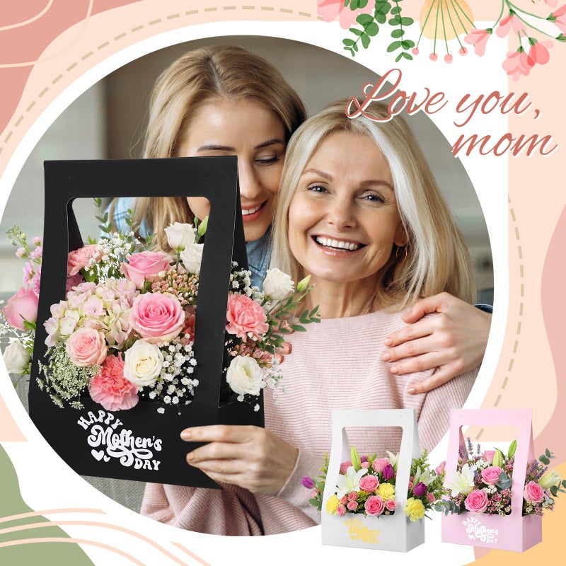 PerKoop 30 Pcs Mother's Day Flower Box for Arrangement Bouquet Bags for Flowers Gift Bags with Handle Waterproof Packaging Floral Wrap Anniversary Birthday Party Black White Pink(Window Shape) - Image 3