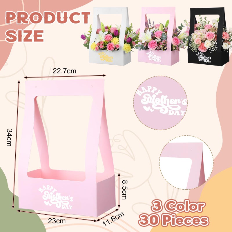 PerKoop 30 Pcs Mother's Day Flower Box for Arrangement Bouquet Bags for Flowers Gift Bags with Handle Waterproof Packaging Floral Wrap Anniversary Birthday Party Black White Pink(Window Shape) - Image 2