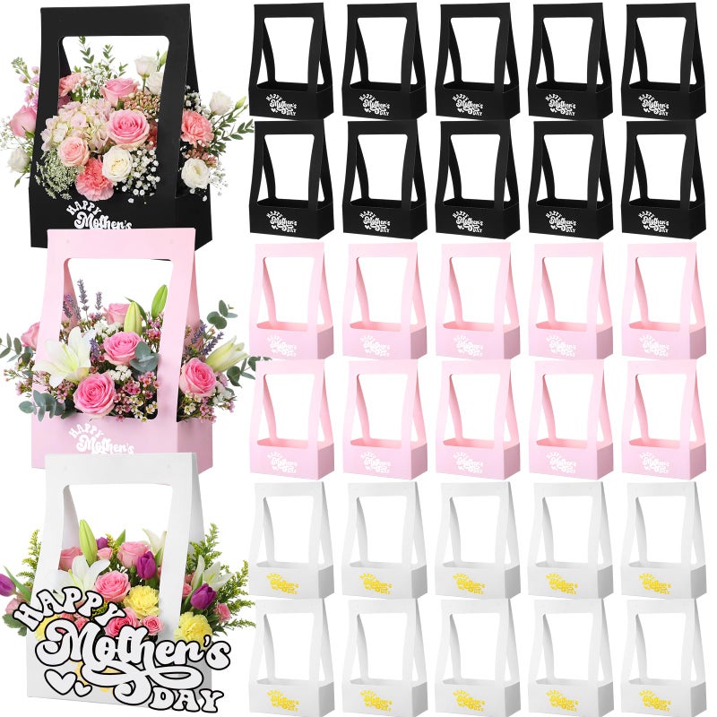 PerKoop 30 Pcs Mother's Day Flower Box for Arrangement Bouquet Bags for Flowers Gift Bags with Handle Waterproof Packaging Floral Wrap Anniversary Birthday Party Black White Pink(Window Shape) - Image 1