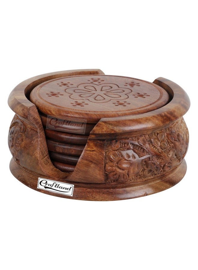 Craftland Wooden Round Carved Coaster Set for Kitchen/Dining Table,Set of 6 - Image 1