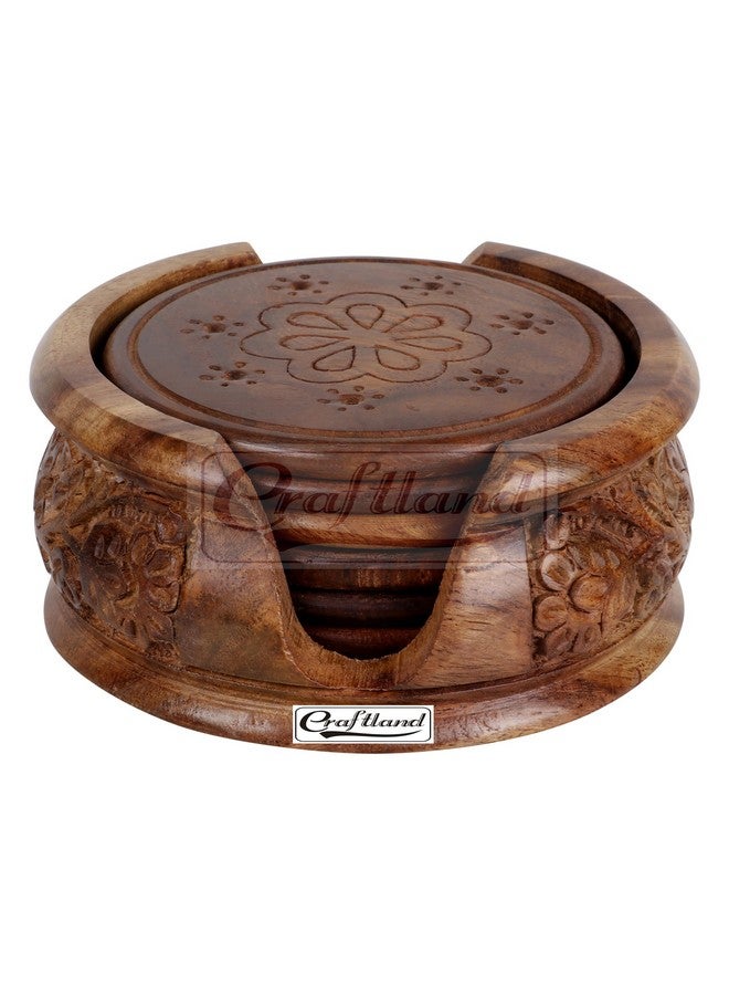 Craftland Wooden Round Carved Coaster Set for Kitchen/Dining Table,Set of 6 - Image 2