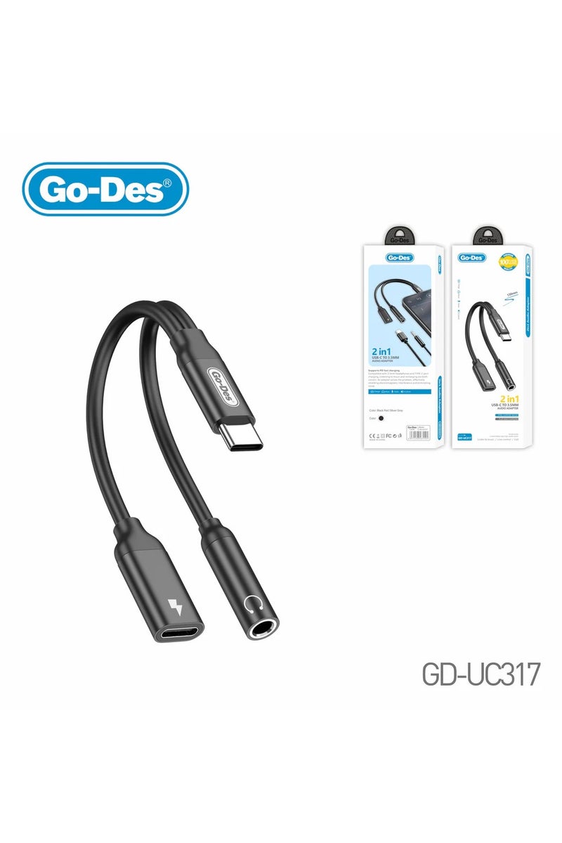 GO-DES Type-C to 3.5mm Audio Adapter PD Fast Charging 2in1 USB-C Headphone Converter Cable - Image 1