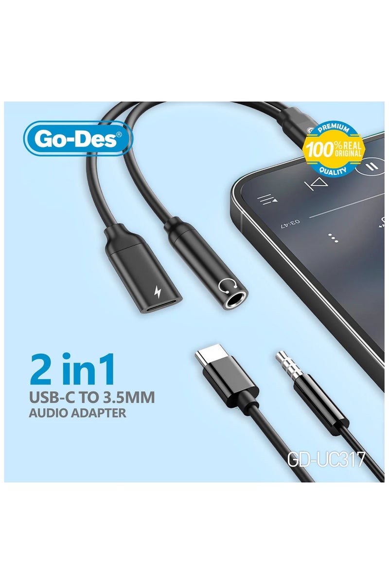 GO-DES Type-C to 3.5mm Audio Adapter PD Fast Charging 2in1 USB-C Headphone Converter Cable - Image 2