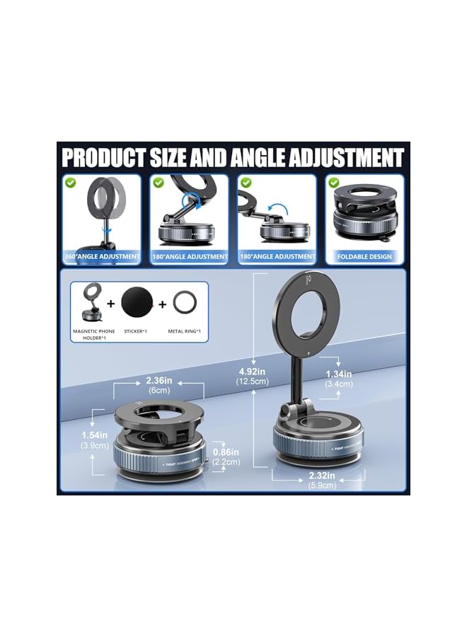 Green Tiger Car Phone Holder,360° Magnetic Car Phone Holder Mount - Super Strong Vacuum Suction, Foldable & Adjustable for Most Mobile Phones, Dashboard/Windshield/Gym Use (Black) - Image 2