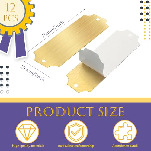 Yaocom 12 Pcs Engraved Name Plates Laser Brushed Solid Metal Plate Personalized Plaque Blank Custom Name Tag Frame Label with Adhesive Backing and Screws for DIY(Gold Notched Corner,1'' X 3'') - Image 2