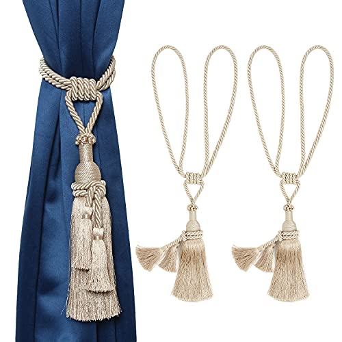 MALOINTEX 2 Pack Curtain Dual Tassel Tiebacks Tie-Backs, Handmade Rope Tiebacks Holdbacks, Polyester Curtain Tieback - Beige - Image 1