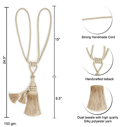 MALOINTEX 2 Pack Curtain Dual Tassel Tiebacks Tie-Backs, Handmade Rope Tiebacks Holdbacks, Polyester Curtain Tieback - Beige - Image 2