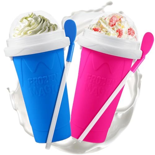 REGNBUE Slushie Cup, 2 Pack Slushy Maker Cup with Lid & Straw for Friends and Family, Portable Smoothie Squeeze cup for Milk, Juices, and Ice Cream Make - Image 1