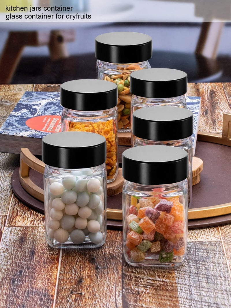 Vency Piramal Glass Cubical Square 300ml Transparent Glass Jars & Containers for Kitchen Pantry-Storage with Black Plastic Lid (300ml, Set Of 6) - Image 2