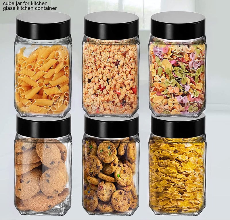 Vency Piramal Glass Cubical Square 300ml Transparent Glass Jars & Containers for Kitchen Pantry-Storage with Black Plastic Lid (300ml, Set Of 6) - Image 5